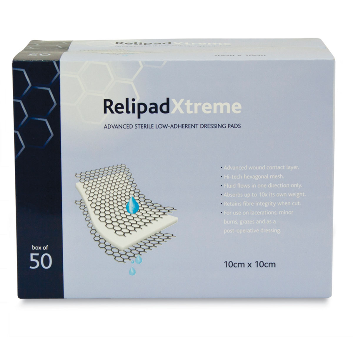 Box of 50 10cm x 10cm Relipadxtreme Non-Adherent Dressing Pads